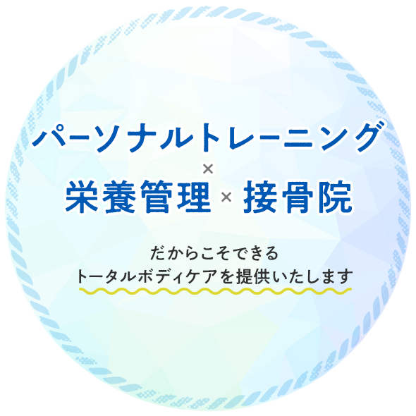 パーソナルトレーニング×栄養管理×接骨院だからこそできるトータルボディケアをご提供いたします。